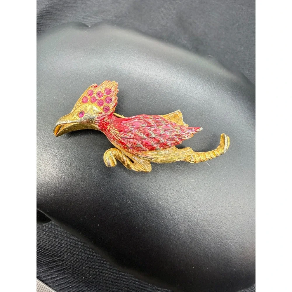 Vintage Gold Tone Pink Enamel Road Runner Bird Brooch Rhinestone Crest Pin Gift